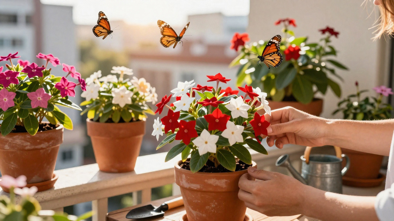 Person pflegt bunte Blumentöpfe auf Balkon, umschwirrt von drei orange-schwarzen Schmetterlingen.