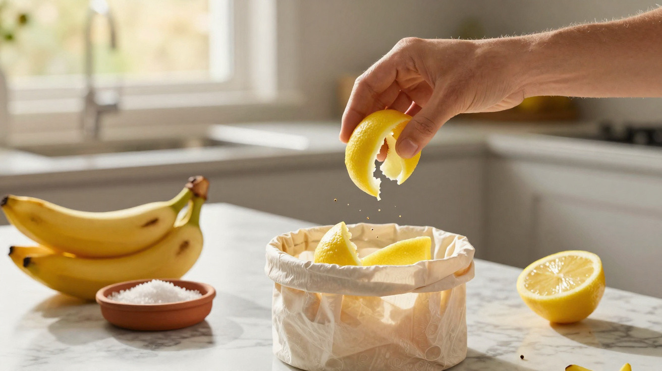 Hand wirft Zitronenschale in Körbchen auf Küche-Tisch mit Bananen und Salz im Hintergrund.