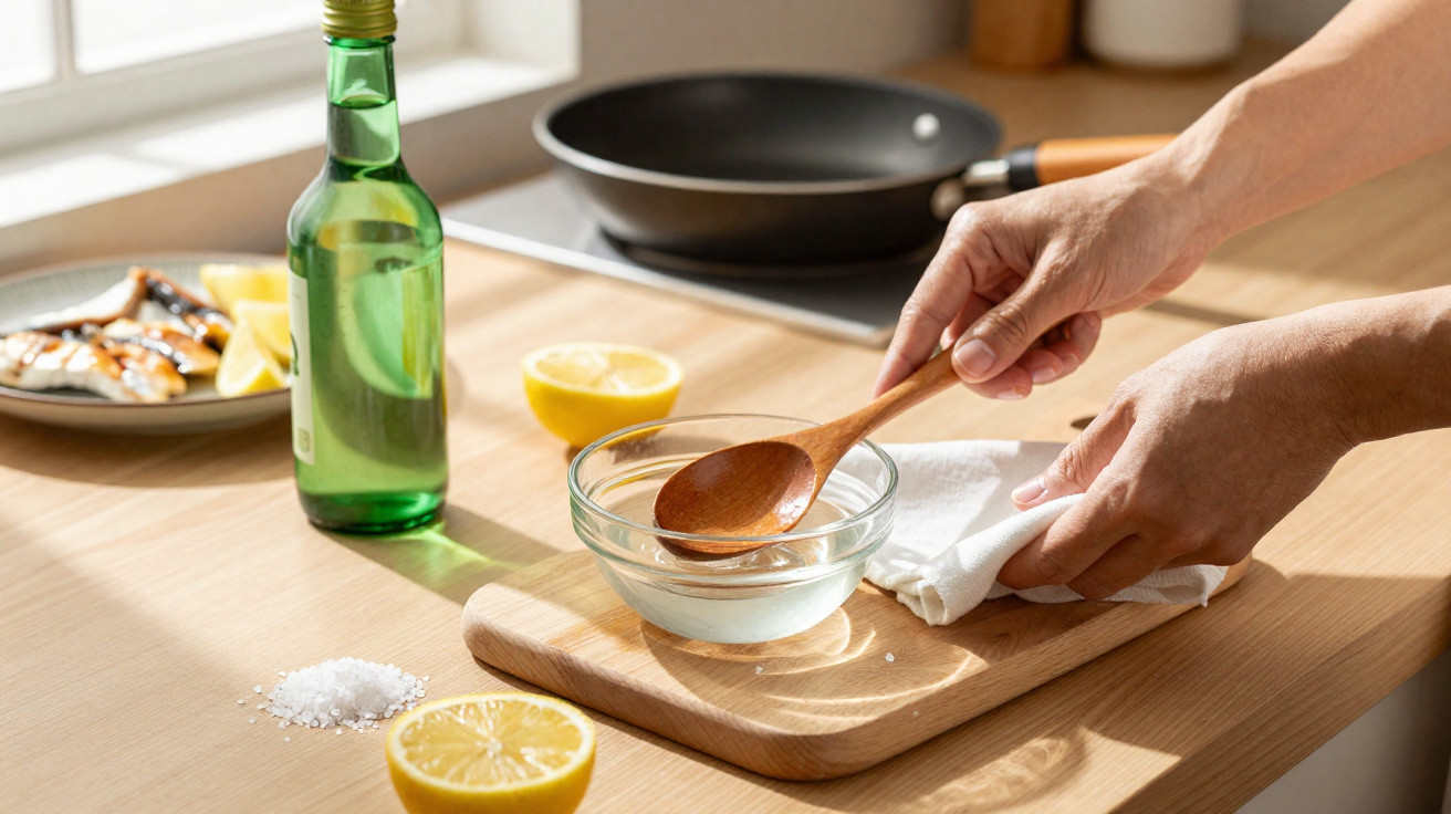 Person rührt Flüssigkeit mit Holzlöffel in Glas auf Holzunterlage in heller Küche mit Zitrone und Pfanne.