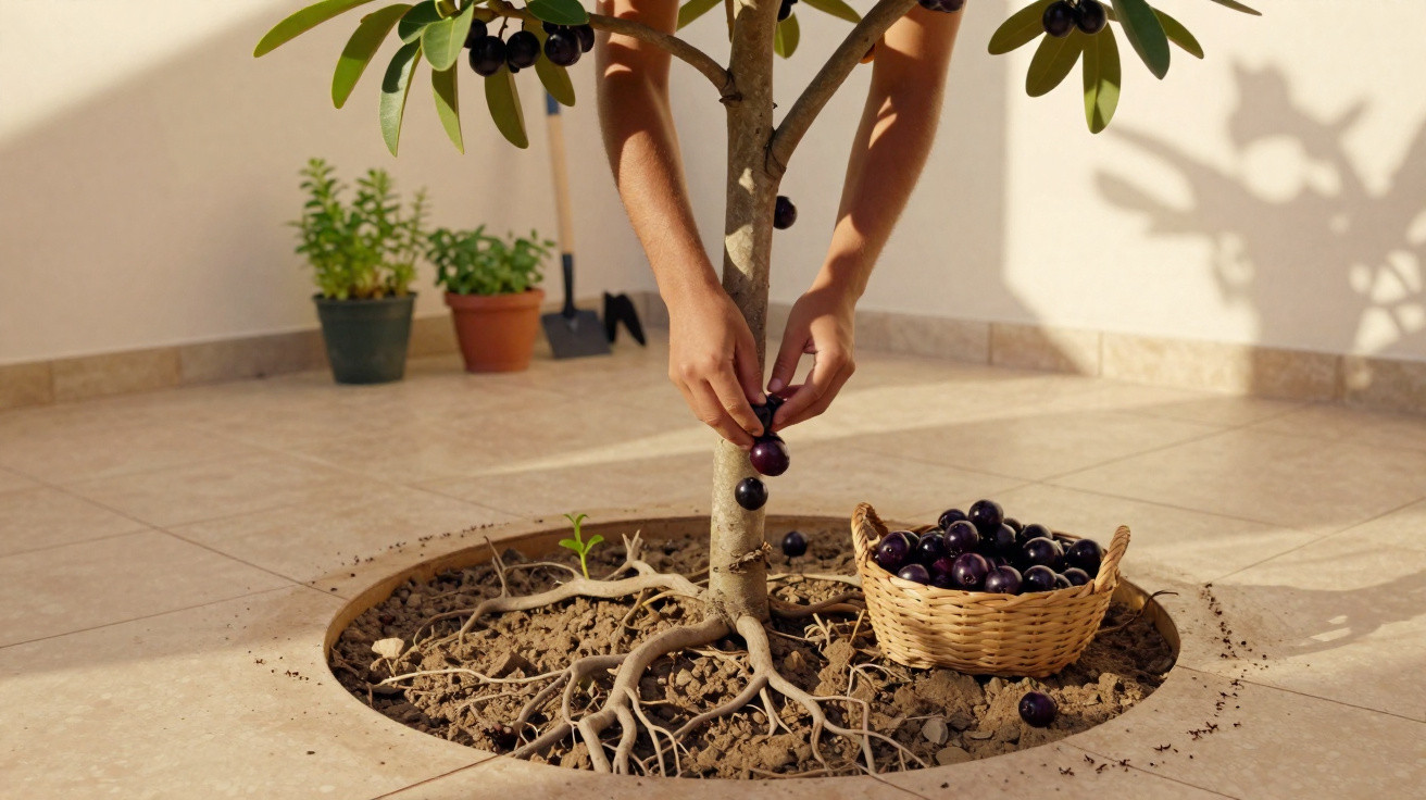 Person pflückt dunkelrote Früchte von kleinem Baum, Korb mit Früchten auf Boden neben Baum.