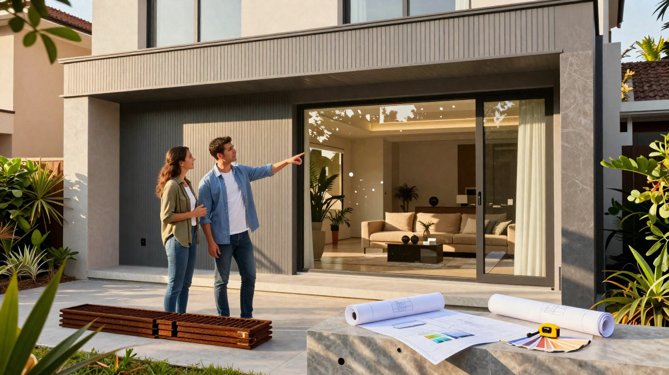 Junges Paar besichtigt modernes Haus mit grossen Glasfenstern und Bauplänen auf Tisch im Garten.