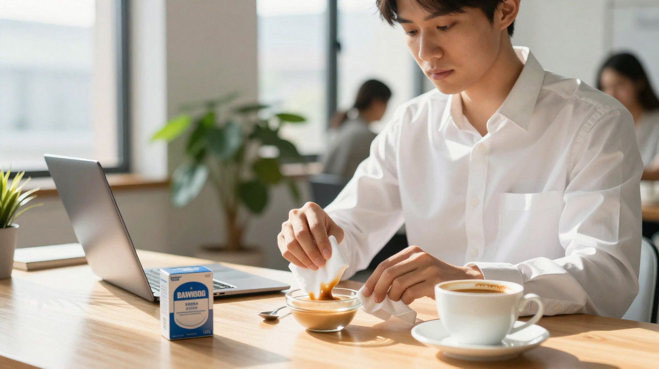 Junger Mann in weissem Hemd bereitet im Café Kaffeeglas mit Sirup und Laptop vor.