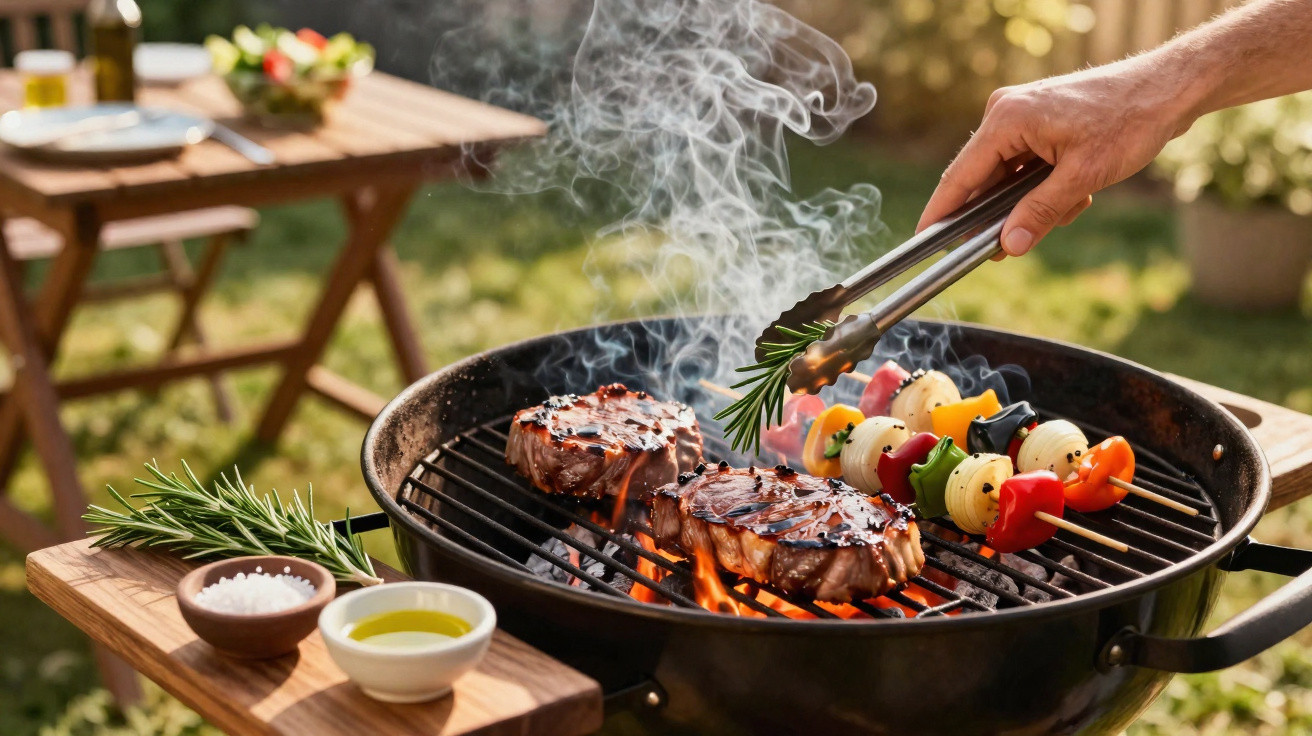 Hand mit Zange legt Rosmarin auf zwei Steaks und Gemüsespiesse auf einem Holzkohlegrill im Garten.