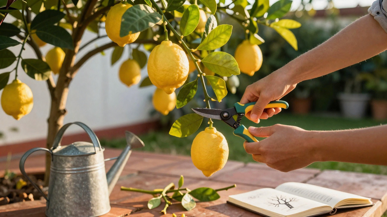 Person schneidet reife Zitronen von einem Zitronenbaum mit Gartenschere im Garten ab.