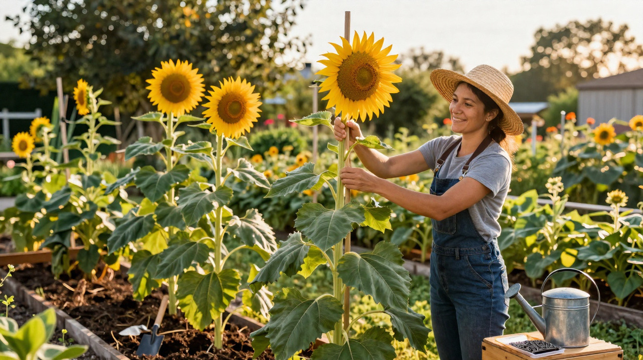 Frau mit Strohhut bindet Sonnenblume in einem sonnigen Garten mit mehreren Sonnenblumen und Gartenwerkzeug.