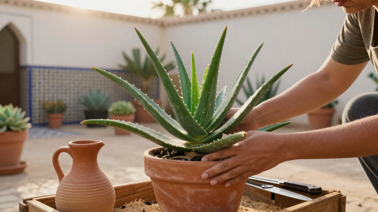 Person pflanzt Aloe Vera in Tontopf auf Terrasse mit weiteren Pflanzen und Keramikgefäss.