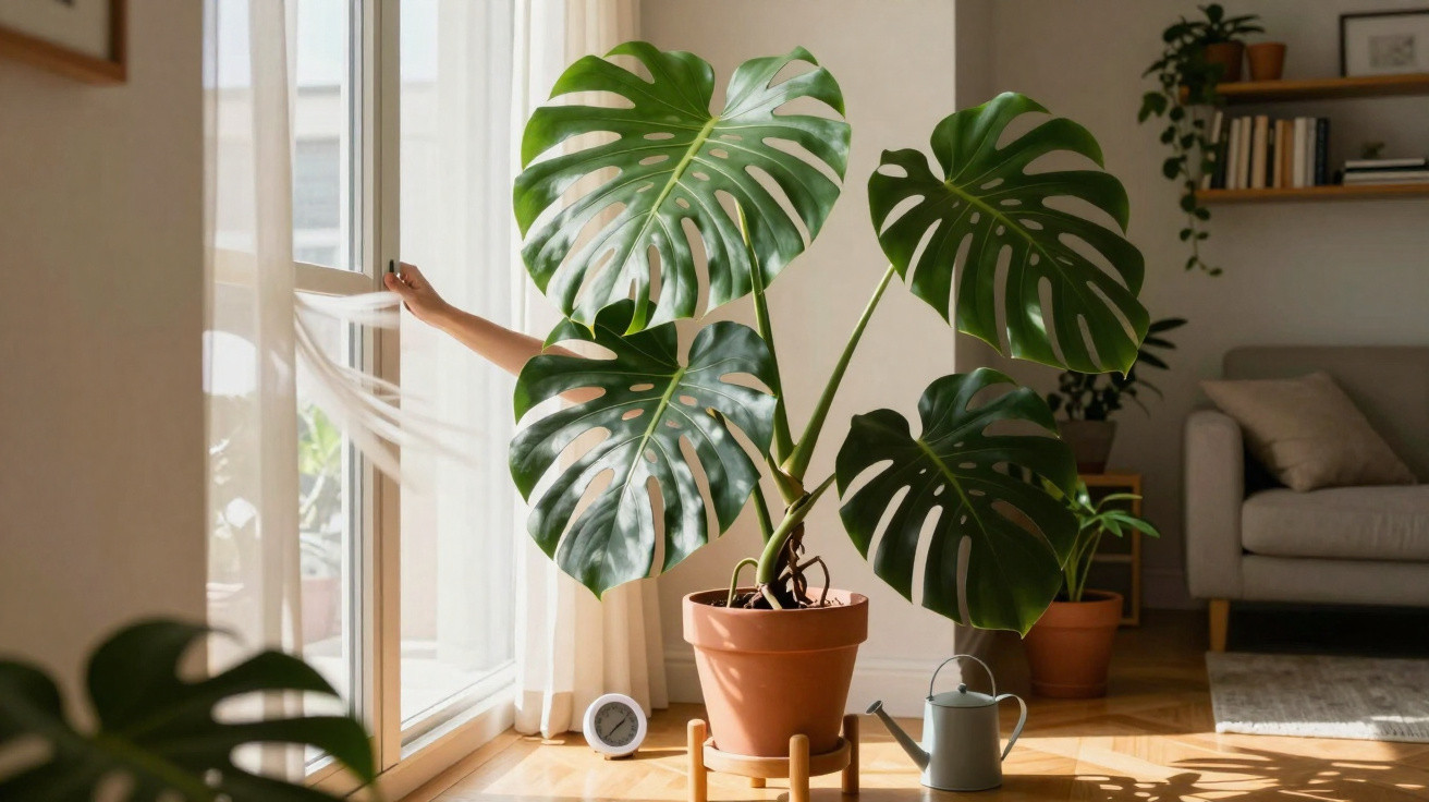 Monstera-Pflanze im Tontopf vor Fenster, Hand zieht weissen Vorhang zurück, helles Wohnzimmer