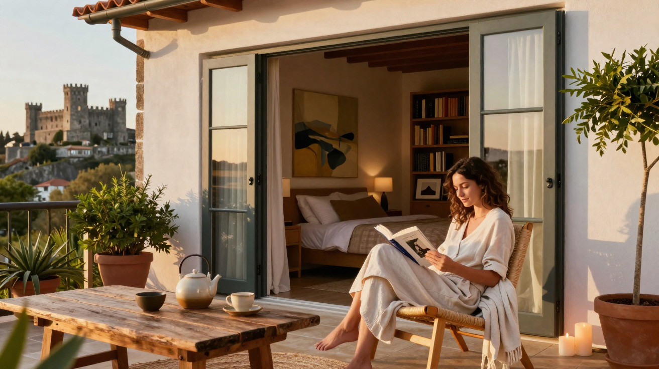 Frau liest Buch draussen auf Terrasse mit Blick auf Burg, offene Türen zum gemütlichen Schlafzimmer.