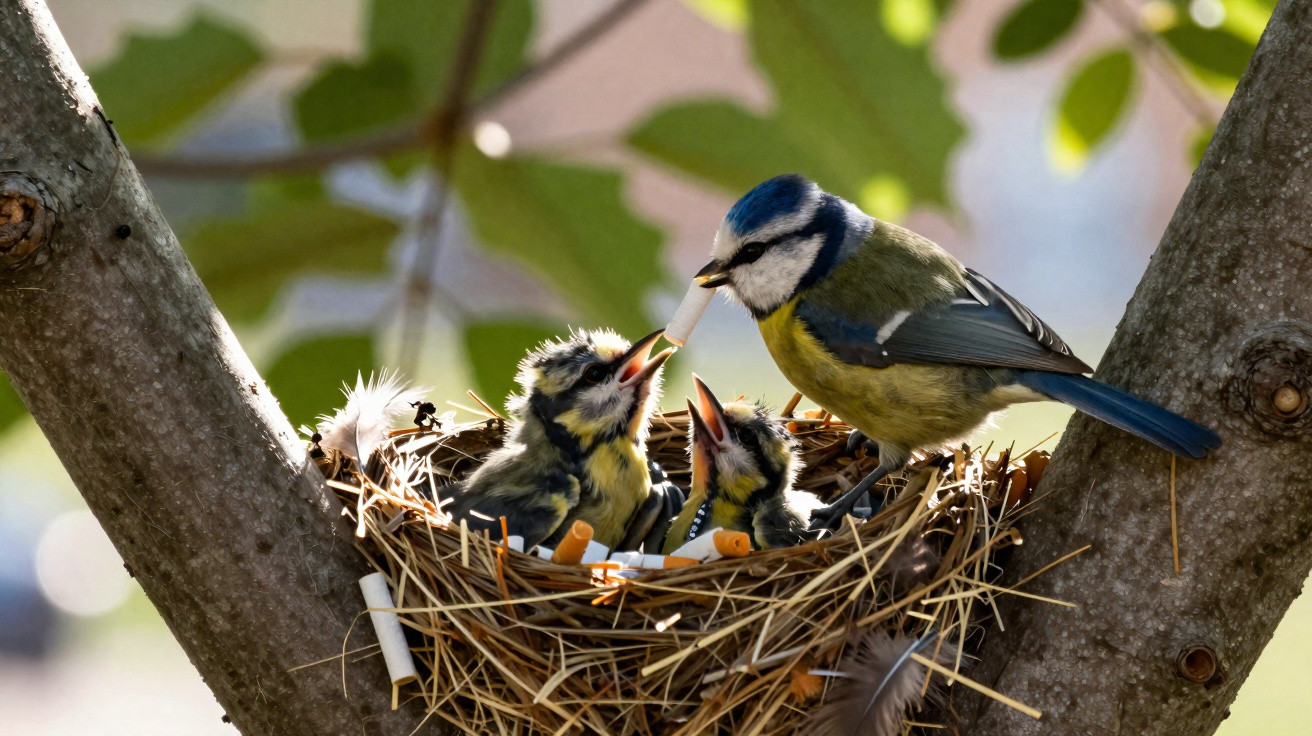 Elterntier füttert Jungvögel im Nest, umgeben von Zigarettenstummeln auf einem Baum.