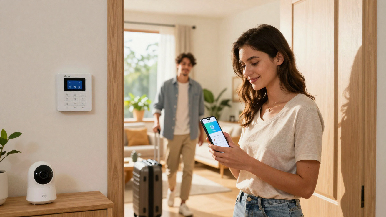 Frau steuert Smart-Home-Sicherheit mit Smartphone, Mann kommt mit Koffer ins helle Wohnzimmer.