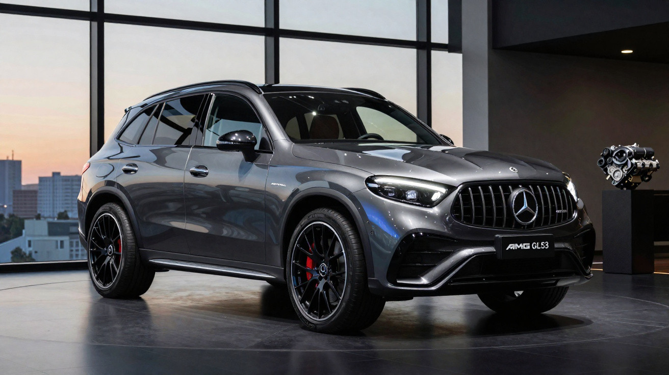 Grau metallischer Mercedes-AMG GLS 63 SUV in modernem Showroom mit grossen Fenstern im Hintergrund.