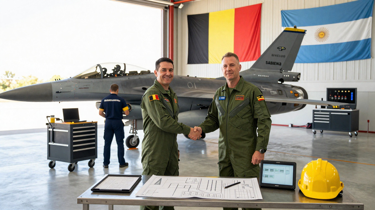 Zwei Militärpiloten schütteln sich vor einem Kampfjet in einem Hangar mit belgischer und argentinischer Flagge die Hand.