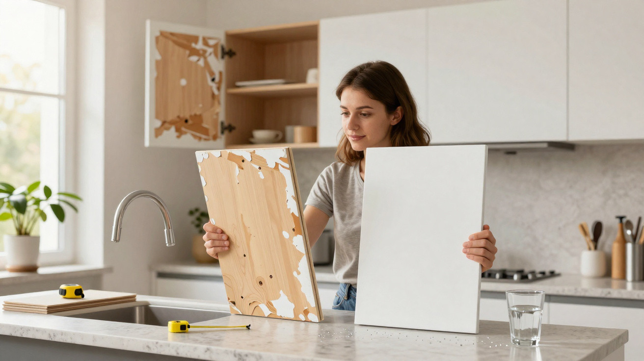 Frau vergleicht Holzplatte mit weisser Front in moderner Küche beim Möbelbau oder Renovieren.