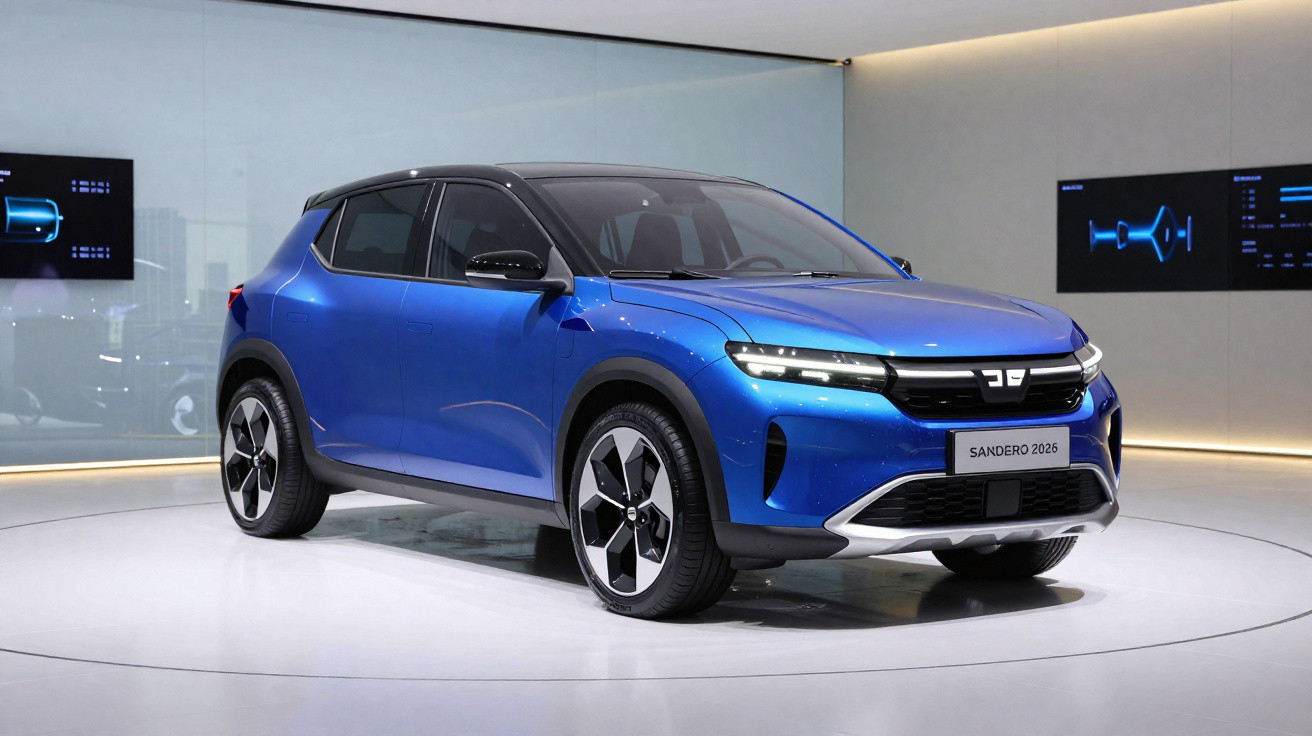 Blauer Dacia Sandero 2026 Elektroauto in modernem Showroom mit digitaler Präsentation im Hintergrund.