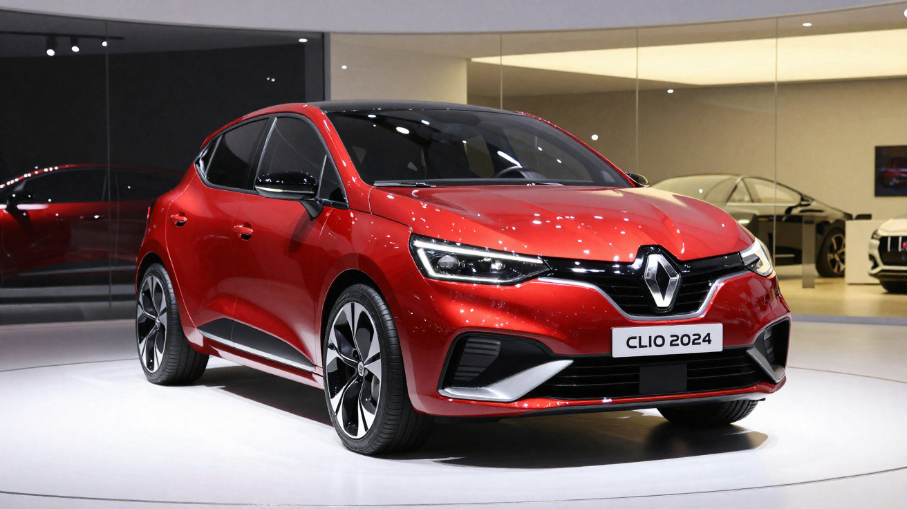 Roter Renault Clio 2024 auf Ausstellung, modern und sportlich gestaltet, vor Spiegelwand.