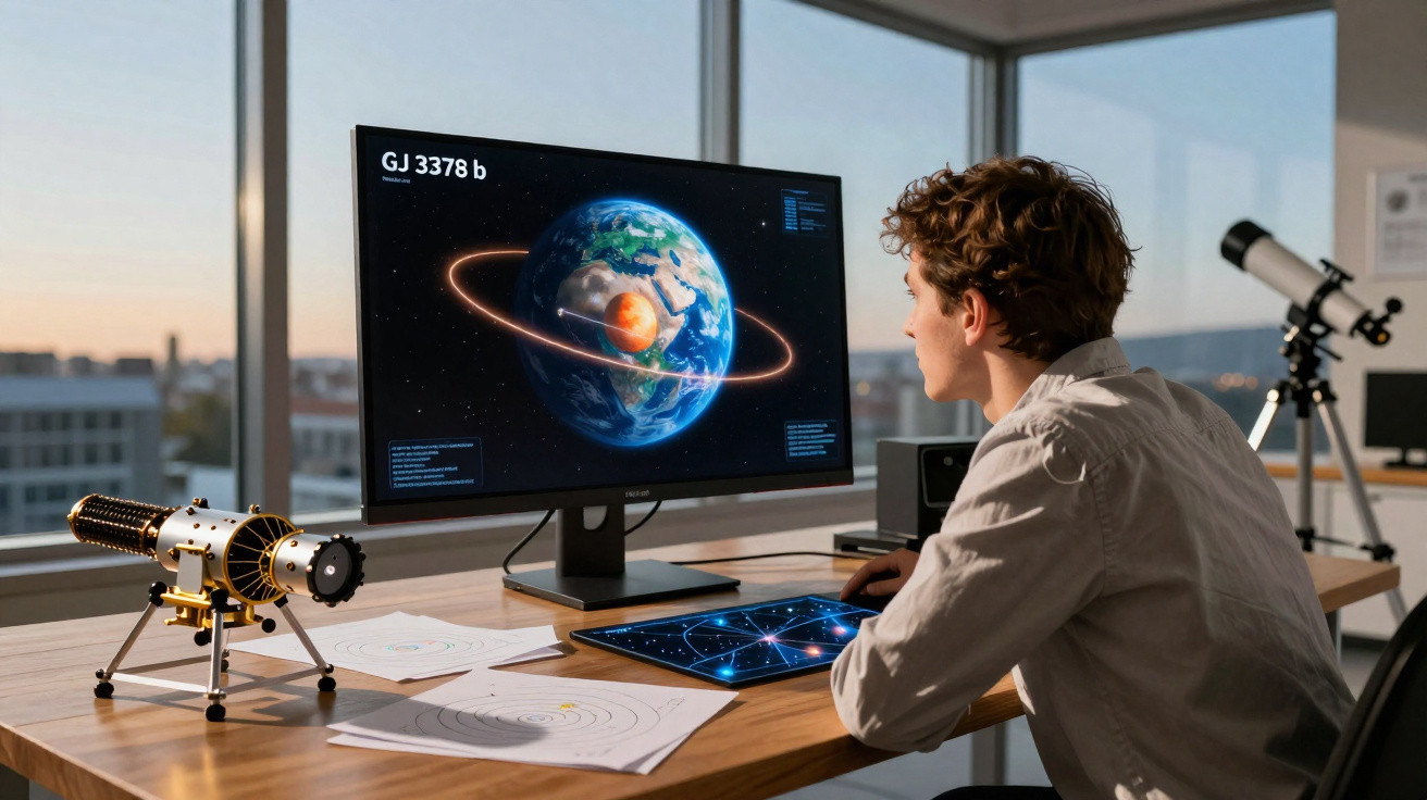 Person, die im Büro an einem Computer mit interaktivem Weltraum-Display und einem Teleskop im Hintergrund arbeitet.