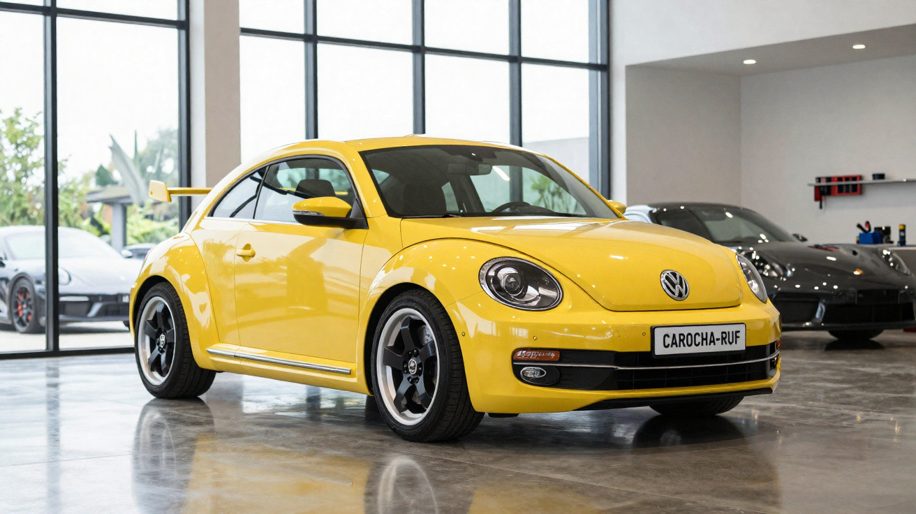 Gelber Volkswagen Beetle mit breitem Heckflügel in modernem Showroom mit weiteren Autos im Hintergrund.