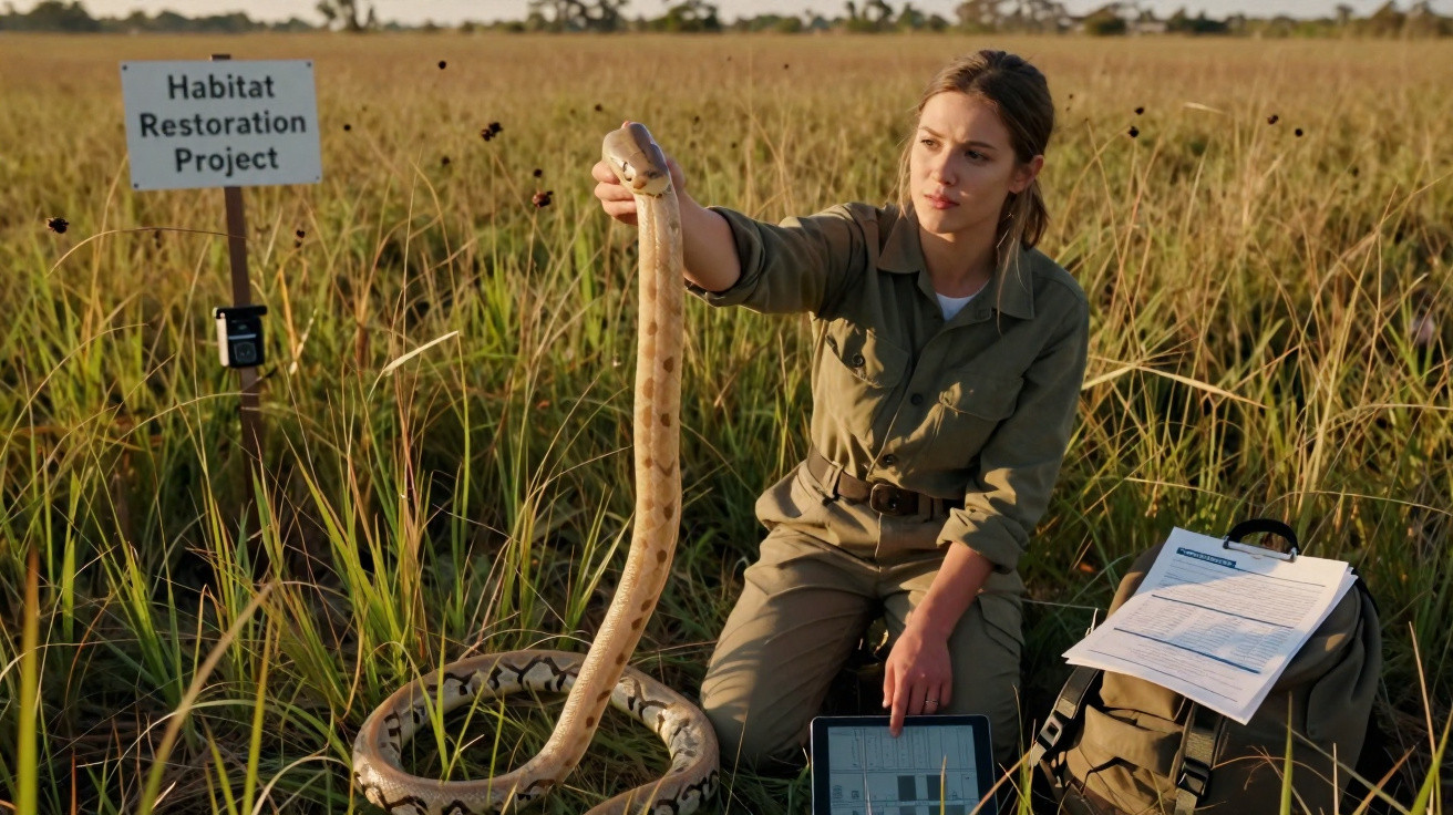 Frau in Feld mit Schlange bei Habitat Restoration Project, hält Schlange, hält Tablet, neben Rucksack und Dokumenten.