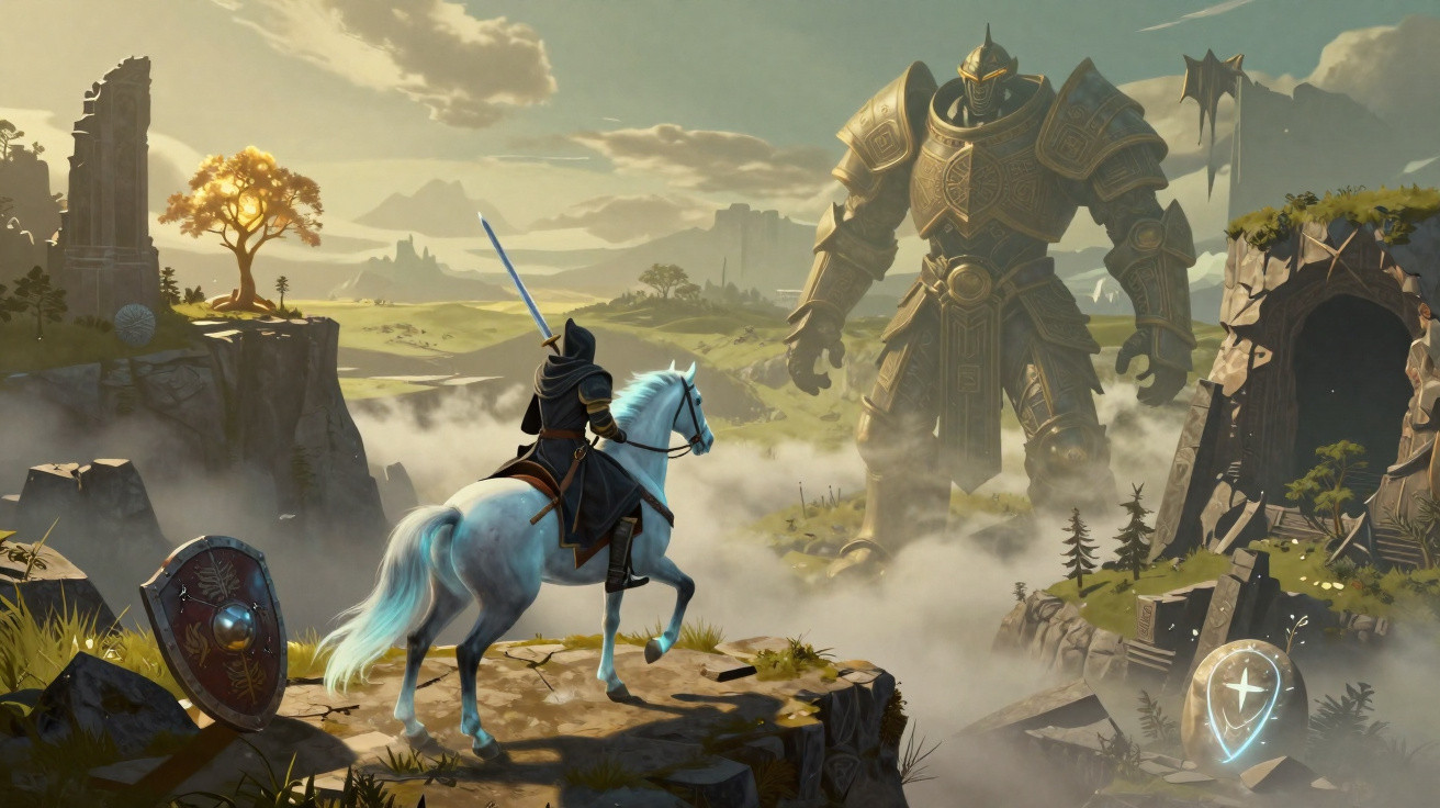 Ein Ritter auf einem Pferd blickt auf einen riesigen, verzierten Steingolem in einer mystischen Landschaft.