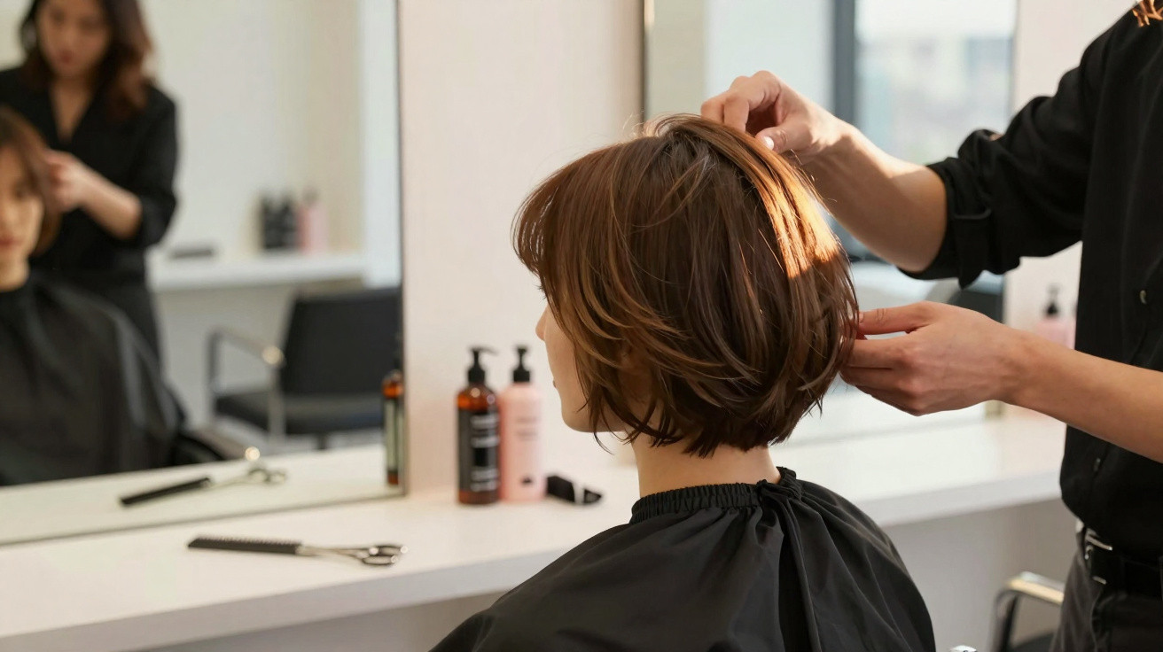 Frau mit kurzem braunem Haar sitzt im Frisörsalon, Friseur stylt ihr Haar vor Spiegel.
