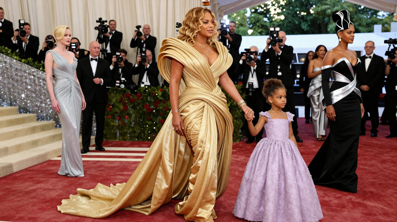 Frau im goldenen Kleid mit Mädchen in lila Kleid, umgeben von Gästen und Fotografen auf rotem Teppich.