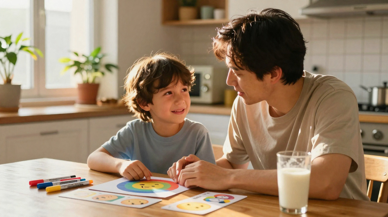 Vater und Sohn sitzen zu Hause am Tisch und basteln zusammen mit bunten Stiften und Papiergesichtern.