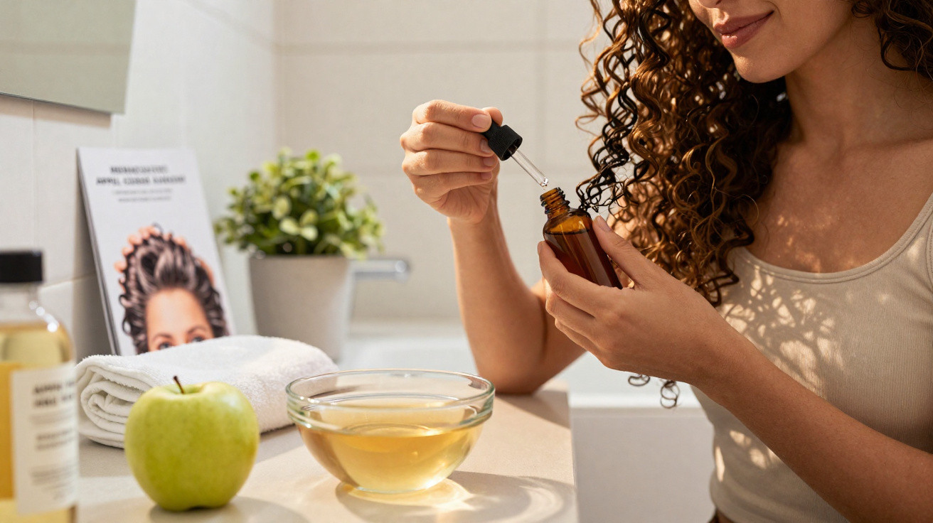 Frau mit lockigem Haar nutzt Pipette, um Haarölflasche zu füllen, Apfel und Schale mit Flüssigkeit auf Tisch.