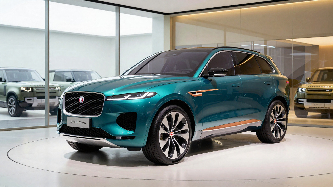 Eleganter grüner Jaguar SUV steht in modernem, hellem Showroom mit Land Rover Fahrzeugen im Hintergrund.