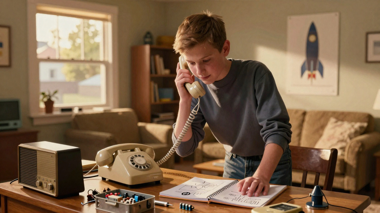 Junge telefoniert mit Drehwahltelefon und liest aus Notizbuch in einem gemütlichen Wohnzimmer.