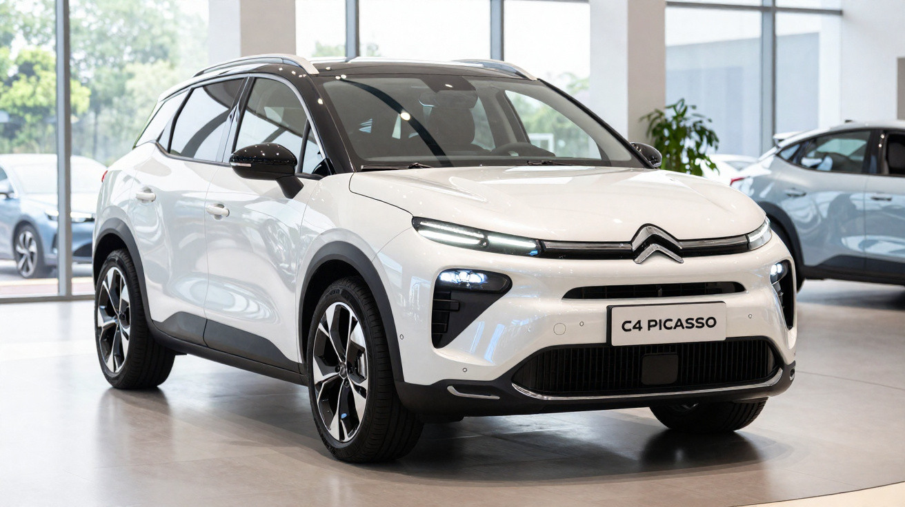 Weisser Citroën C4 Picasso SUV im Showroom mit modernen Scheinwerfern und schwarzem Dach.