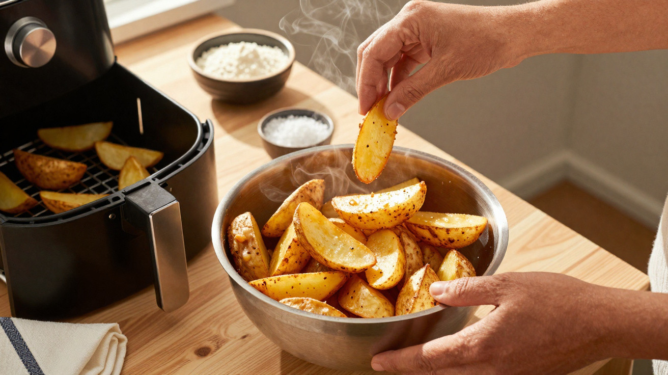 Dampfende Kartoffelecken in Schüssel und Heissluftfritteuse auf Holzoberfläche, Hände nehmen Kartoffelstück.