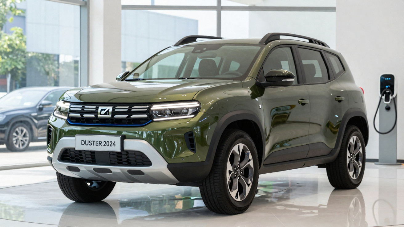 Grüner Dacia Duster 2024 SUV in Autoausstellung vor Ladestation für Elektrofahrzeuge.