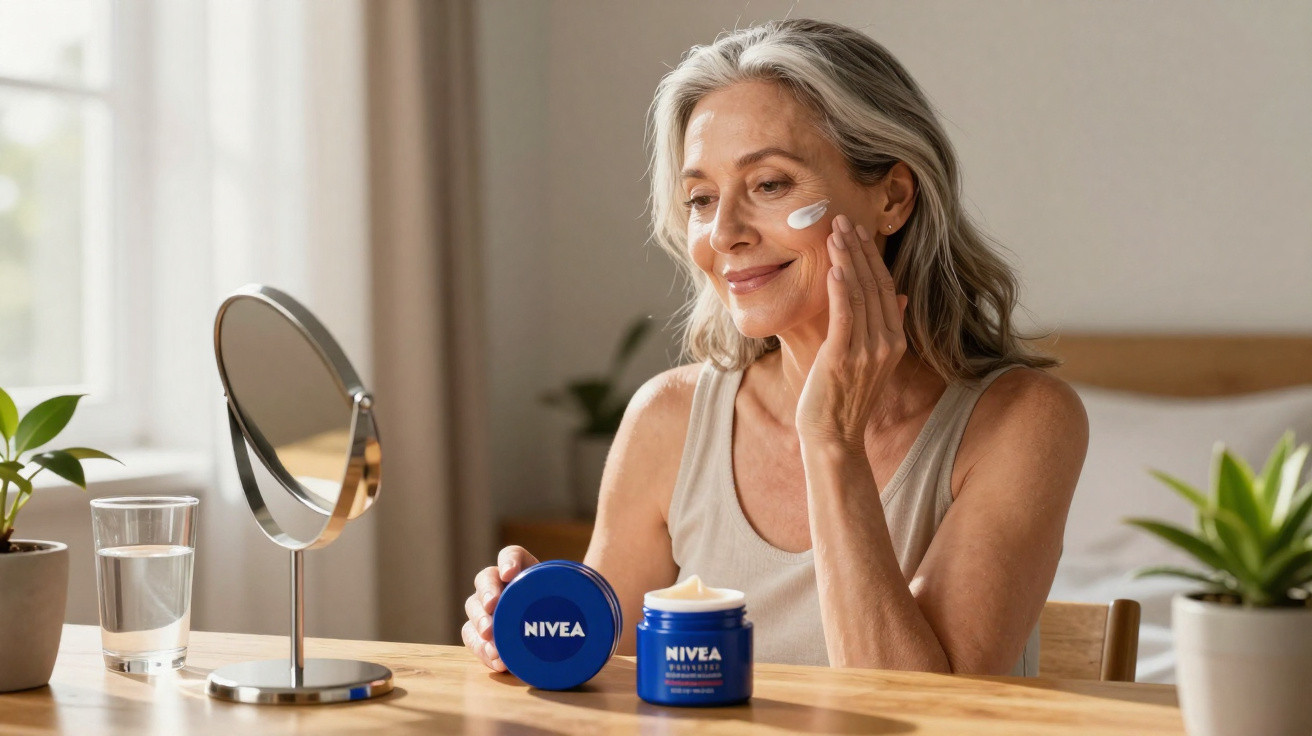 Ältere Frau trägt Nivea Gesichtscreme auf, sitzend an einem Holztisch mit Spiegel und Pflanzen im Hintergrund.