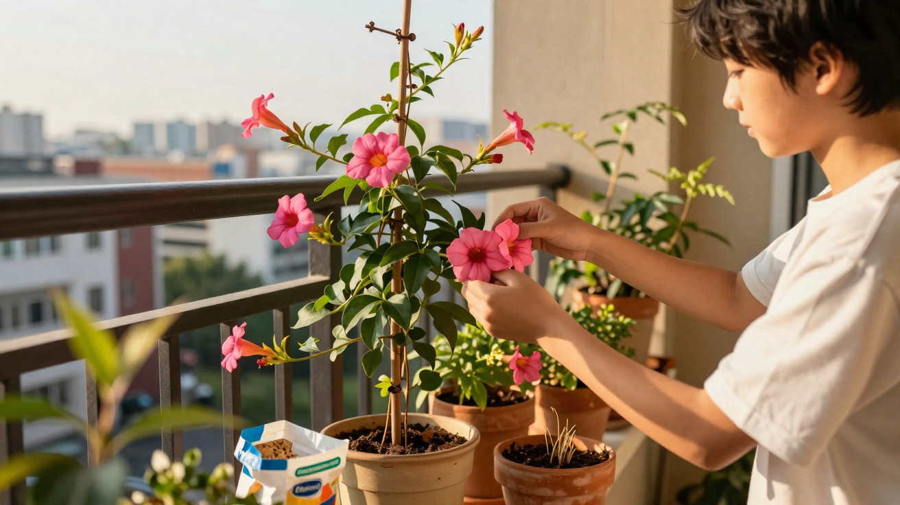 Junge pflegt rosa blühende Pflanze auf Balkon mit weiteren Topfpflanzen im Sonnenlicht.
