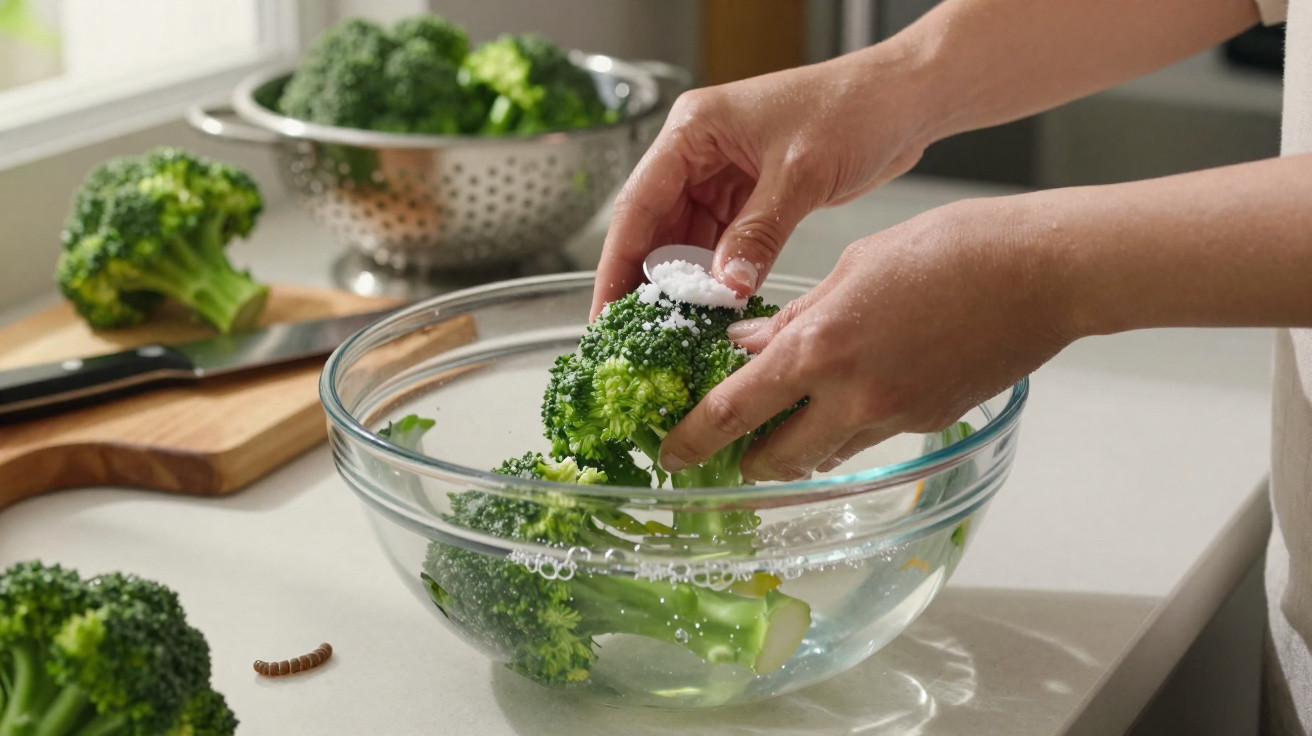 Person salzt frischen Broccoli, der in einer Glasschüssel mit Wasser eingeweicht wird.