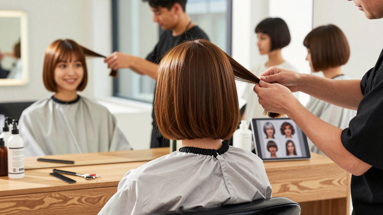 Frau mit kurzem Bob-Haarschnitt sitzt im Friseursalon, Friseur hält Haarsträhnen zum Schneiden bereit.