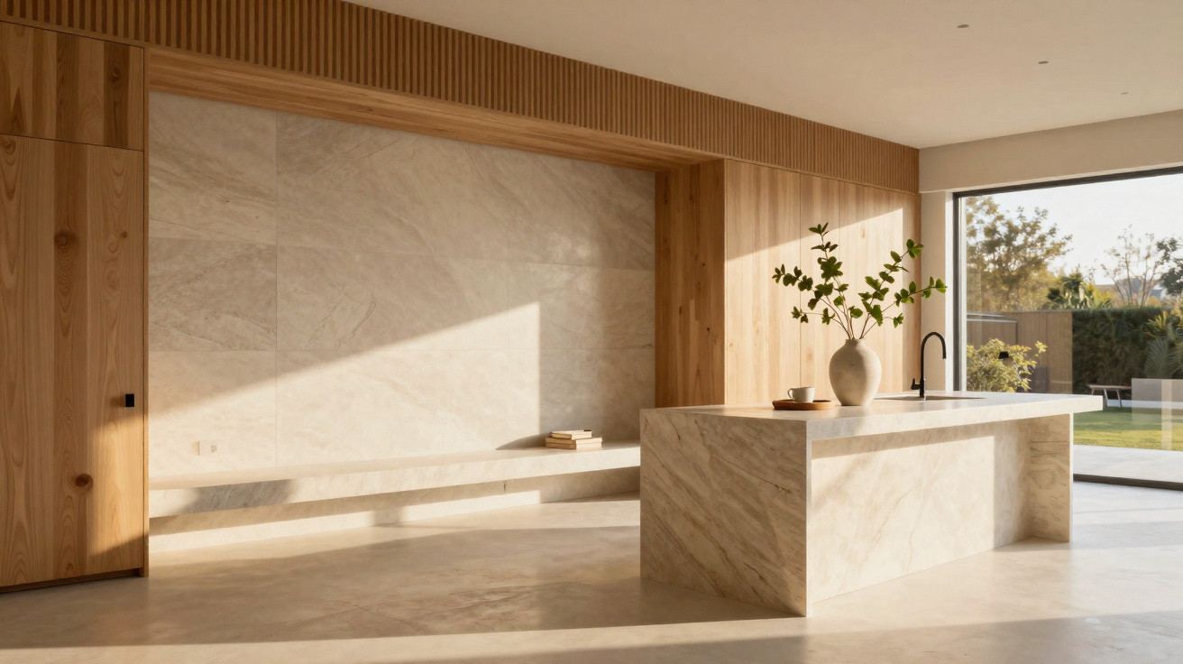 Helle moderne Küche mit Holz- und Steinakzenten, minimalistischer Insel und grossem Fenster zum Garten.
