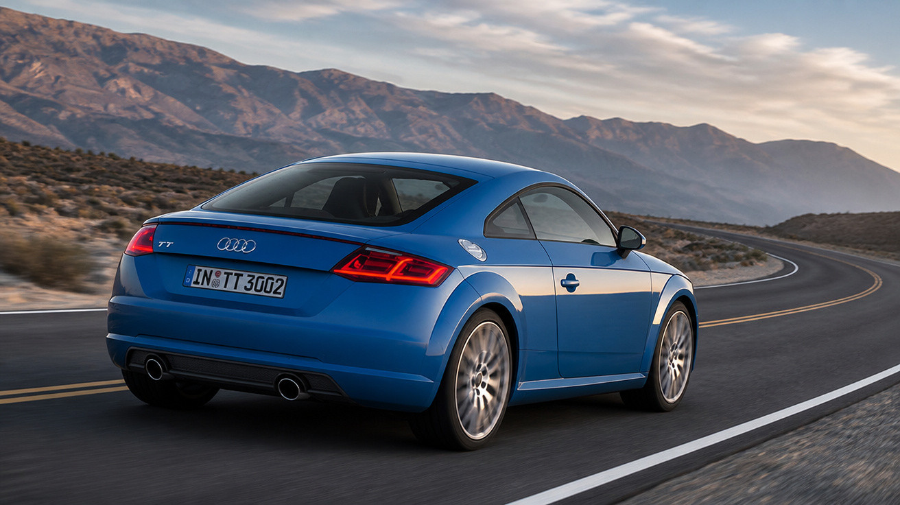 Blauer Audi TT fährt auf kurviger Bergstrasse mit trockener Landschaft und bewölktem Himmel.
