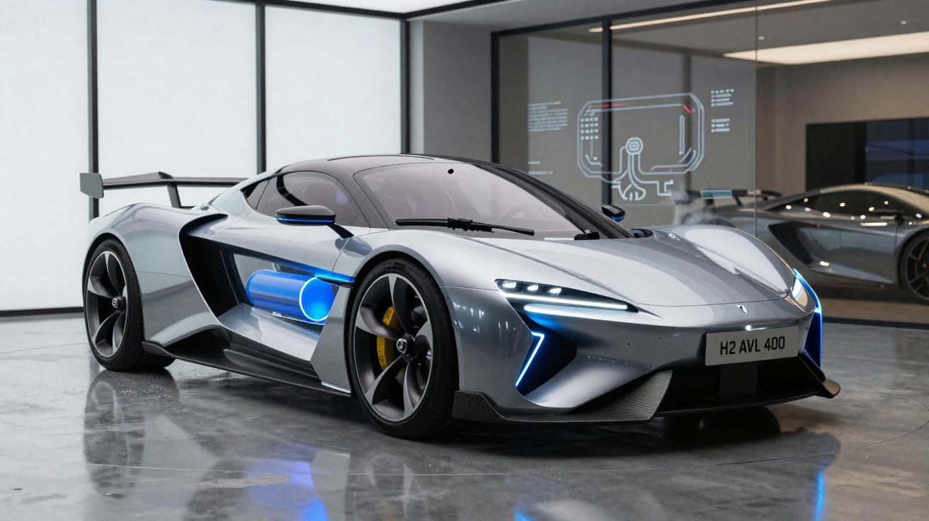 Silberner Sportwagen mit blau leuchtender Wasserstoffzelle, futuristisches Design in moderner Ausstellungshalle.