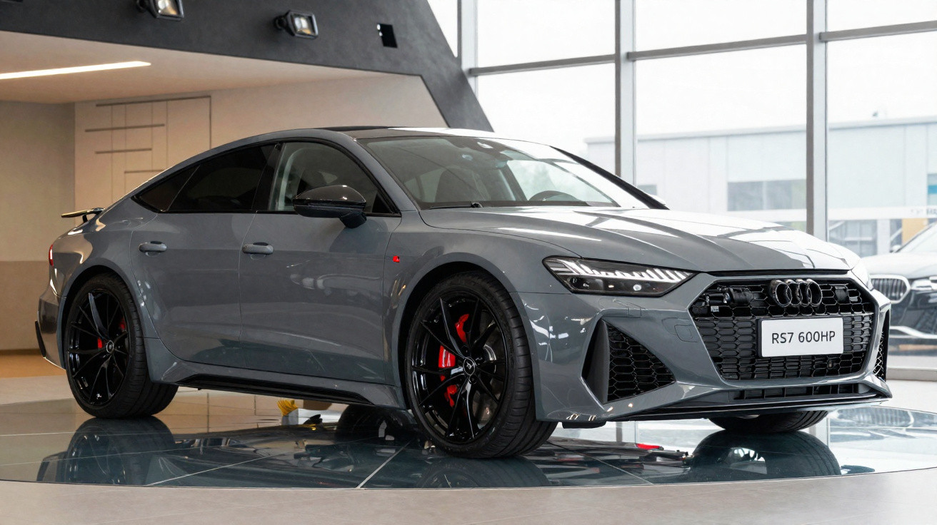 Grau-metallic Audi RS7 mit 600 PS in modernem Showroom, schwarz-rote Sportfelgen und serienmässige LED-Scheinwerfer.
