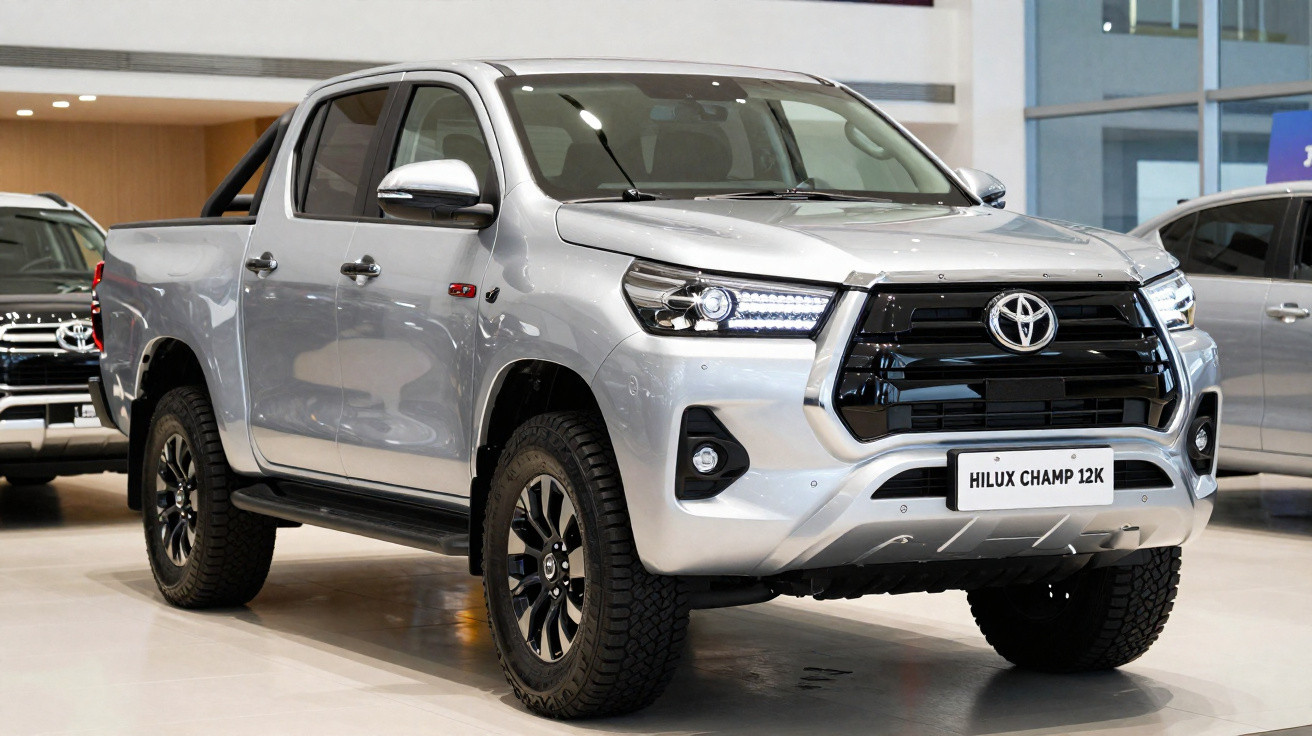 Silberner Toyota Hilux Champ 12K Pickup-Truck in Showroom mit schwarzem Kühlergrill und LED-Scheinwerfern.