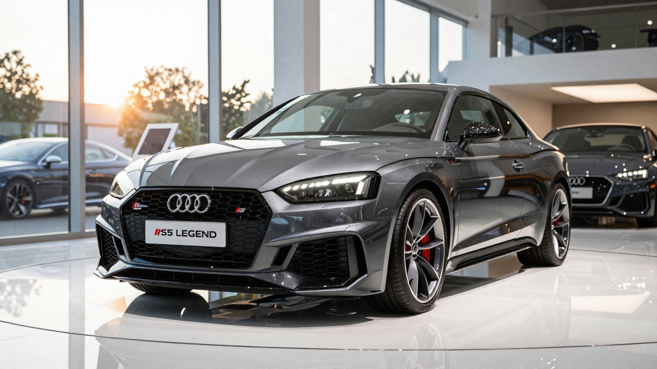 Grauer Audi RS5 Legend Sportwagen im hellen Showroom mit Glasfenstern bei Sonnenuntergang.