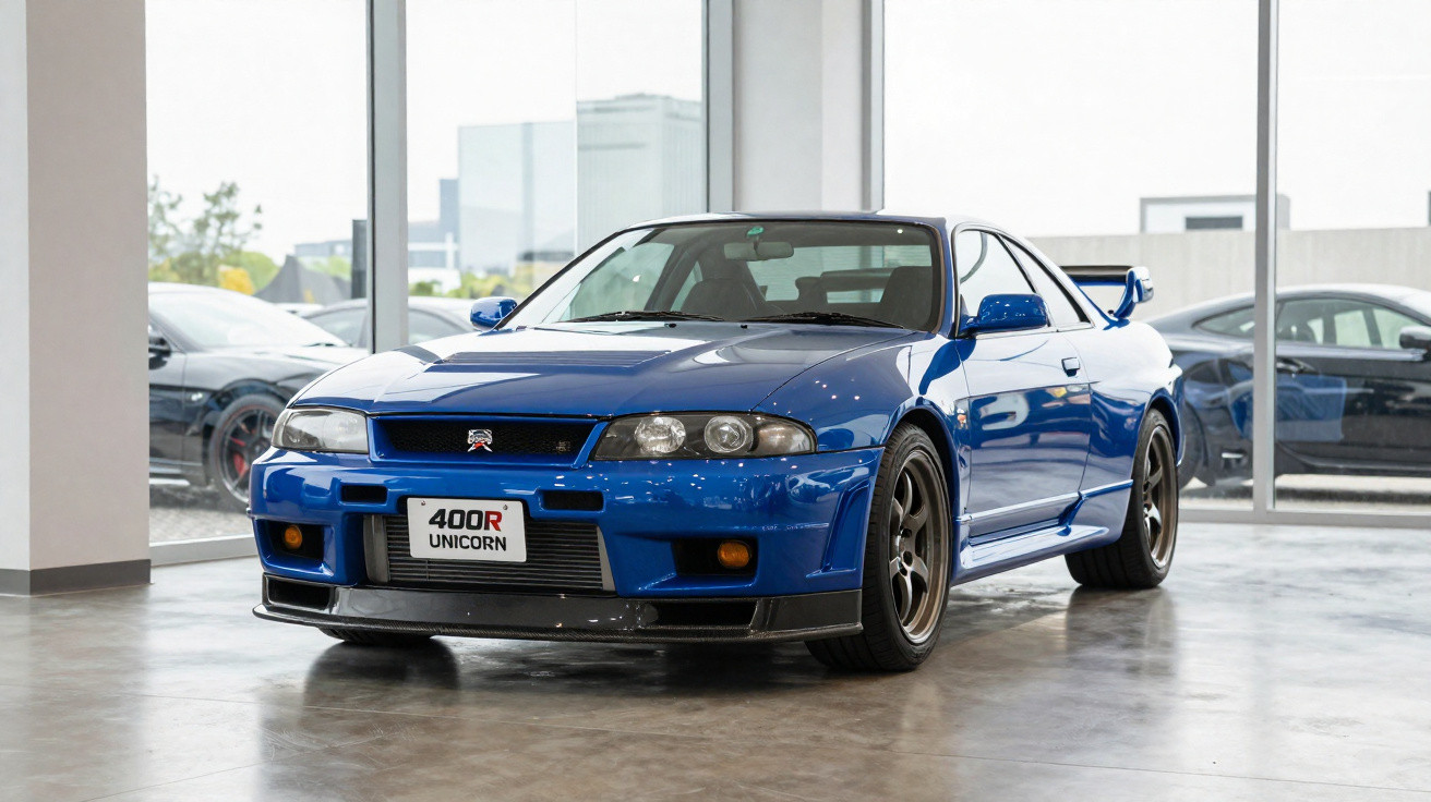 Blauer Nissan Skyline GT-R R33 in einem hellen Showroom mit grossen Fenstern im Hintergrund.