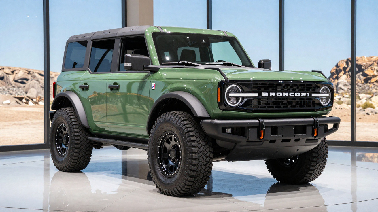 Grüner Ford Bronco 2021 Geländewagen mit grossen Reifen in modernem Ausstellungsraum vor Wüstenkulisse.