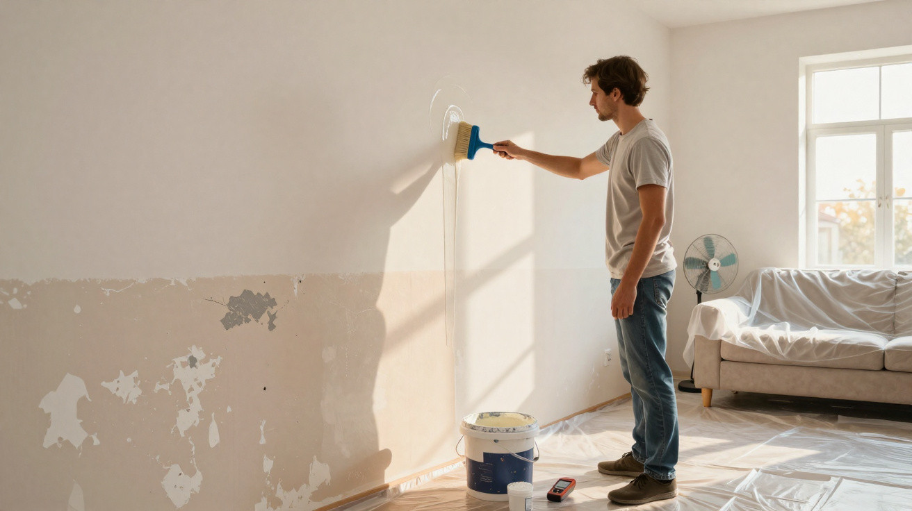 Mann trägt Spachtelmasse auf Wand auf, renoviert Zimmer mit Sofa und Ventilator bei Tageslicht.
