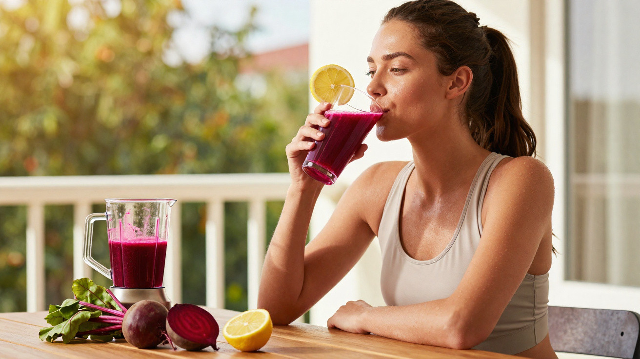 Frau trinkt roten Smoothie mit Zitronenscheibe, auf Tisch sind Rüebli, Zitronenhälfte und Mixer.