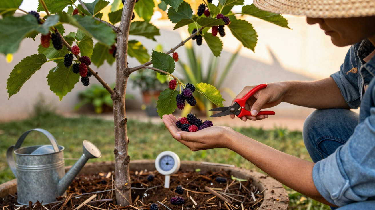 Person erntet reife Maulbeeren am Baum im Topf mit Gieskanne und Feuchtigkeitsmesser im Hintergrund.
