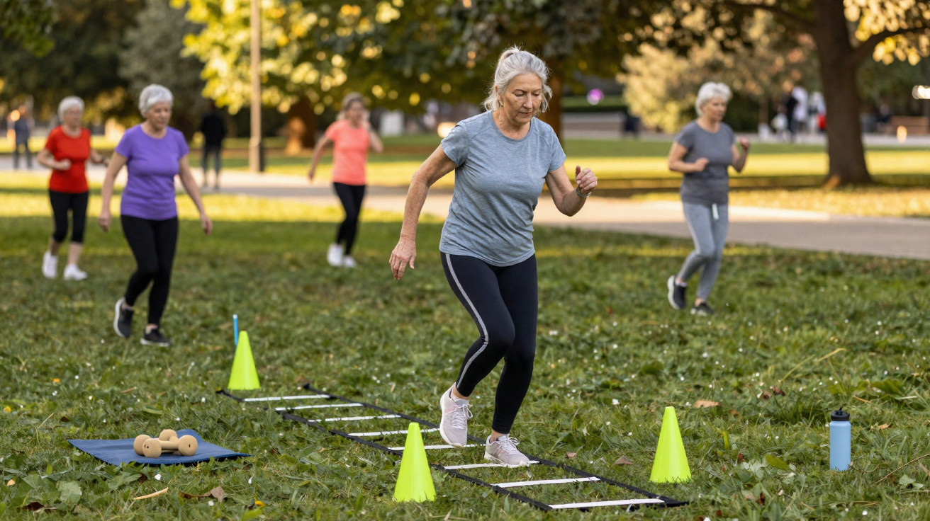 Ältere Frauen trainieren im Park mit Koordinationsleiter und Hanteln an einem sonnigen Herbsttag.