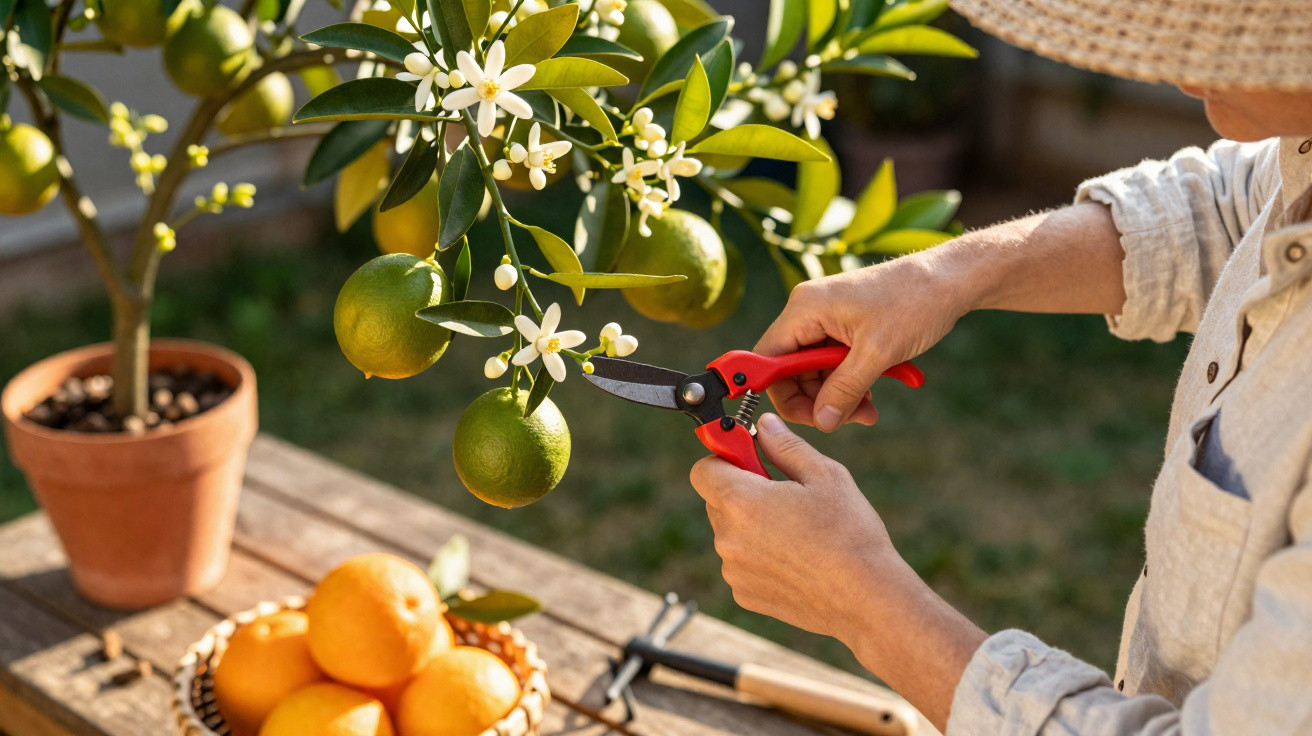 Person schneidet mit roten Gartenscheren grüne Früchte an einem blühenden Zitrusbaum im Topf.