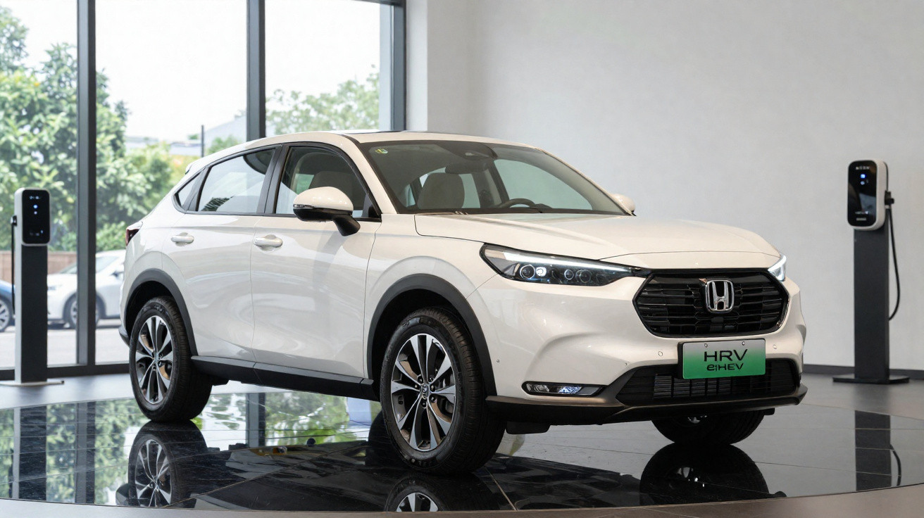 Weisser Honda HR-V E:HEV SUV steht in modernem Showroom neben zwei Ladestationen.